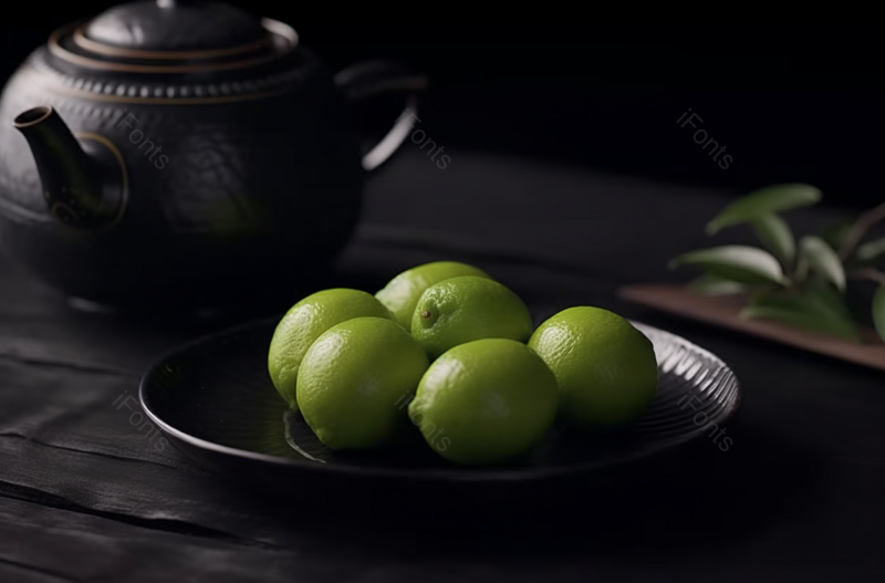 灰色茶壶绿色装盘中的柠檬静物摄影实拍,高清,摄影图,摄影图片,图片大全,摄影图免费下载